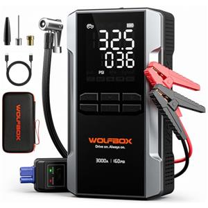 WOLFBOX Avviatore di emergenza da 3000 A con compressore d'aria, batteria portatile da 160 psi, avviatore di emergenza con ricarica rapida da 65 W, pacchetto di salto da 12 V (motore diesel da 8 litri