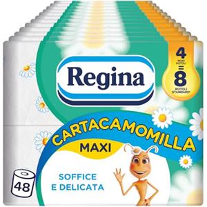 Regina Cartacamomilla - 48 Rotoli di Carta Igienica, 300 Soffici Fogli a 3 Veli, Delicata e Consistente, Profumo di Camomilla, Confezione in Carta Riciclabile, 100% Certificata FSC