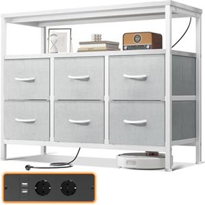 ODK Cassettiera Como Camera da Letto,con 2 Prese e 2 Porte di Ricarica USB,Contiene 6 Cassetti Grandi Cassettiera Cameretta,Comò Camera da Letto Cassettiere e Credenze Per Soggiorno,Bianco