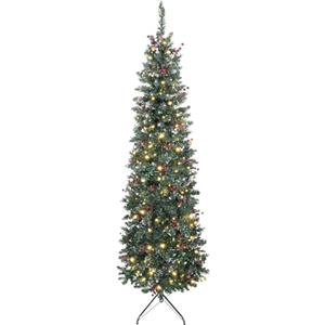 HOMCOM Albero di Natale Slim 210 cm Artificiale, Luci Incorporate in 8 Modalità, 656 Rami Folti Ignifughi Innevato, 55 Pigne e 55 Grappoli di Bacche, Albero Natale Stretto e Alto con Base in Metallo