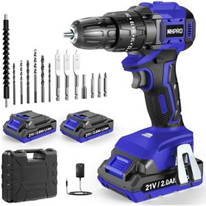 MHPRO Trapano Avvitatore Batteria Brushless,MHPRO Avvitatore a Batteria 21V con 2 Batterie da 2.0Ah, 45N.m di Coppia, 2 Velocità, 20+3 Coppia, 14 Accessori, Luce a LED, Per il fai da te, Grigio