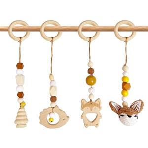 Whcctl 4 Pezzi Palestrina Neonato Montessori, Palestrina Neonato Legno, Giochi per Passeggino da Appendere, Baby Gym con Ciondolo in Legno, per Il Gioco e Il Fitness dei Bambini (Marrone)
