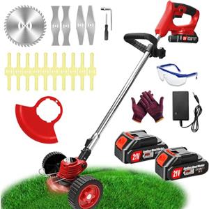 FISIYINDZ Decespugliatore a Batteria, Tagliabordi Elettrico 21V,Tagliaerba a Batteria con 2 2.0Ah Batterie e 4 Tipi di Lame, Ruote Rimovibili, Decespugliatori da Giardino Altezza Regolabile per Prati,Arbusti