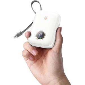 Nllosa Power Bank 10000mAh 22.5W, Mini Caricatore Portatile con Ricarica Rapida, Batteria Portatile con Display LED e Cavo USB-C Integrato, Powerbank USB-C Compatibile con iPhone 15/16/17Android Bianco