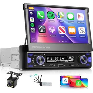 Hodozzy 1 Din Autoradio con Schermo Carplay Wireless Android Auto, Hodozzy 7 Pollici Touch Screen a Scomparsa con Bluetooth Radio AM/FM/RDS, MirrorLink/USB/AUX/Tipo-C/Comandi al Volante + Telecamera