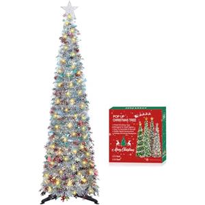 HMASYO Albero di Natale Artificiale a Paillettes Argento 150cm con Luci Integrate e Timer, Montaggio Istantaneo, Pieghevole - Decorazione per Interni Casa, Appartamento, Veranda, Feste