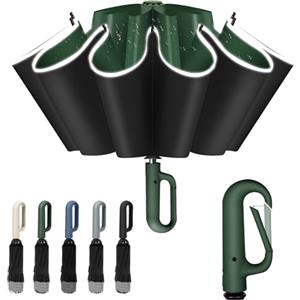 Vicloon Ombrello Pieghevole Antivento da Pioggia, 106 cm Ombrello Inverso Automatico, 10 Stecche Rinforzate, Manico con Fibbia da Alpinismo, Protetto Dagli UV, Perfetto per Uomo Donna (Verde)