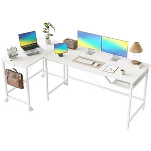 Mericonia 160 cm Scrivania per computer con ruote, tavolo da gioco a L commutabile, tavolo da studio e lavoro per ufficio domestico con 2 barre a V per ufficio domestico,studio per studenti, bianco