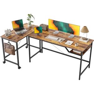 Mericonia Scrivania per computer da 160 cm con ruote, tavolo da gioco a L commutabile, tavolo da studio per ufficio domestico con 2 barre a V per ufficio domestico, studio per studenti, marrone