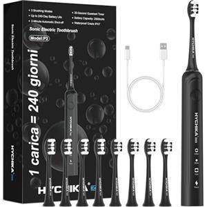 HYCHIKA BETTER TOOLS FOR BETTER LIFE Spazzolino elettrico sonico per adulti, batteria ricaricabile con durata di 240 giorni,2500mAh,spazzolino con 3 modalità di pulizia,impermeabile IPX7,8 testine di ricambio,timer da 2 minuti,nero