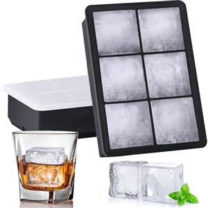 Jisile Vassoi per cubetti di ghiaccio in silicone, confezione da 2, grandi stampi quadrati per cubetti di ghiaccio a 6 cavità, con coperchio resistente alle fuoriuscite, per whisky, cocktail e bevande