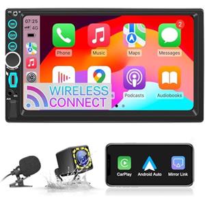 WSRADIOKITS [Aggiornamento] CarPlay&Android Auto Autoradio 2 Din,Ricevitore multimediale digitale da 7 pollici,Doppia radio DIN con schermo,Telecamera posteriore,Mirror link,FM/Phone GPS Navi (WIRELESS CARPLAY)