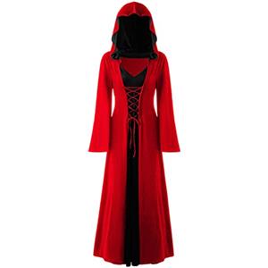 CNVAUIE Vestito da strega vintage per Halloween, costume medievale rinascimentale, costume da strega vampiro di Halloween con cappuccio (rosso-nero, S)