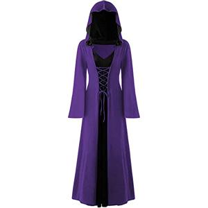 CNVAUIE Costume da strega vintage per Halloween, da donna, rinascimentale, medievale, costume con cappuccio (viola-nero, XL)