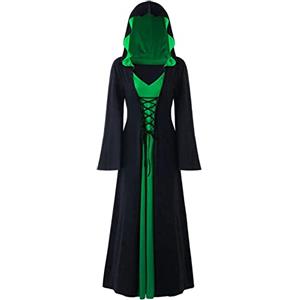 CNVAUIE Vestito da strega vintage per Halloween, costume medievale rinascimentale, costume da strega vampiro di Halloween con cappuccio (nero-verde, S)