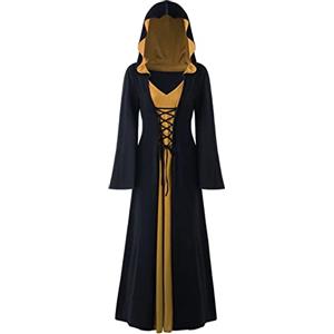 CNVAUIE Vestito da strega vintage per Halloween, costume medievale rinascimentale, costume da strega vampiro di Halloween con cappuccio (nero-oro, 3XL)