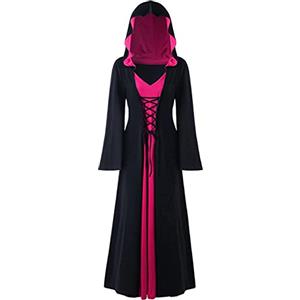 CNVAUIE Costume da strega vintage per Halloween, da donna, rinascimentale, medievale, costume da strega vampiro con cappuccio (nero-rosa, XL)