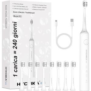HYCHIKA BETTER TOOLS FOR BETTER LIFE Autonomia di 240 giorni Spazzolino Elettrico per Adulti,Spazzolino Ricaricabile con Batteria da 2500 mAh,8 Testine di Ricambio,3 Modalità di Pulizia,Impermeabile IPX7,Timer da 2 Minuti,Bianco