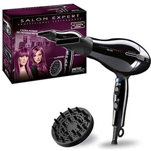 Imetec Salon Expert P2 2200 Asciugacapelli Professionale, Motore AC 2200 W, Tecnologia a Ioni, Rivestimento in Ceramica e Tormalina, Diffusore Professionale a Dita, Convogliatore Stretto, Nero