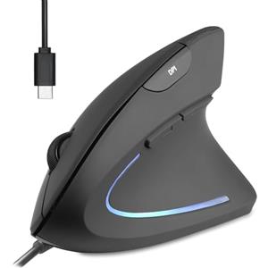 Perixx PERIMICE-513C Mouse Verticale Cablate USB-C, 6 Tasti, 1000/1600 DPI, Design per Destrimani, Cavo Tipo C 1,8m, Nero
