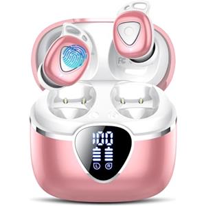 buwy Cuffie Bluetooth, Auricolari Bluetooth 5.4 Wireless, 40 Ore Stereo HiFi Immersivo con 4 HD Mic, Mini Cuffiette Bluetooth IPX7 Impermeabili, Touch Control, Cuffie Senza Fili per iOS/Android, Oro Rosa