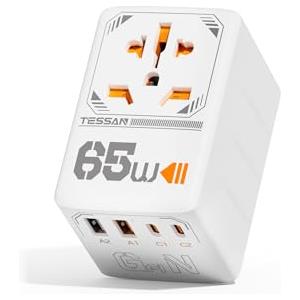 TESSAN Adattatore Universale da Viaggio, GaN Ricarica Rapida da 65W, Presa Universale da Viaggio con 2 USB A e 2 USB C, Adattatore Presa Spina per UK, USA, Australia, Tailandia, Giappone