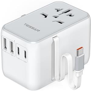 TESSAN Adattatore Universale da Viaggio con retrattile cavo USB C PD 35 W, Presa Universale da Viaggio con 4 USB e 1 AC, Adattatore Presa Inglese Giappone USA Australia Svizzera Tailandia Cina
