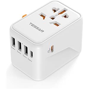 TESSAN Adattatore Universale da Viaggio 45W PD, Presa Universale da Viaggio con Caricatore 1 USB C e 3 USB A, Adattatore Presa Internazionale per EU Inglese Americana Giappone Australia