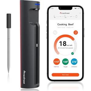 Meatmeet Pro Termómetro para Carne con WiFi e Bluetooth, Monitoraggio via App con Timer e Allarme, IP67 Impermeabilizzazione e olio, Termometro Carne Wireless per Barbecue, Forno, Griglia, Cucina