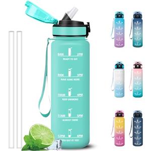 Grsta Borraccia 1 litro, Borracce con Cannuccia, Borraccia Palestra con Indicatore del Tempo, Facile da Pulire, A Prova di Perdite Bottiglia Motivazionale per Campeggio, Viaggio, Corsa