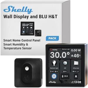 Shelly Wall Display Nero + Blu H&T Nero, Pannello di Controllo Wi-Fi Smart Home, Termostato, Relè 5A Integrato, Conduttore Neutro Richiesto, Dati Ambientali, Domotica, Alexa e Google Home