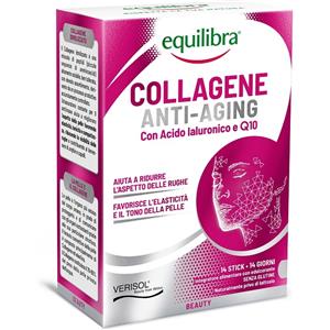 Equilibra Collagene Anti-Aging con Acido Ialuronico e Q10 - 14 Stick Monodose per Pelle Elastico e Idratata