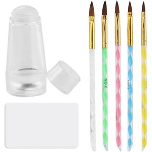 JRSHIRLEYLTD 5 pezzi pennelli per unghie, pennelli unghie gel, pennello gel unghie ricostruzione, con 1 timbro trasparente per unghie, per smalto per unghie, pittura a punti, pittura floreale, nail design