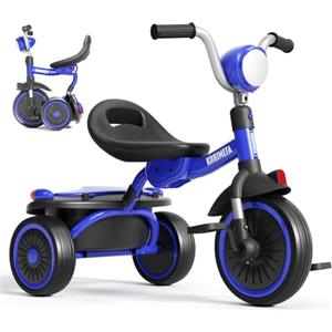 KORIMEFA Bambini Trike Bici Pieghevole Balance Bike con Cestino di Stoccaggio per 1-3 Anni Ragazzi Ragazze Trike con Regolabile Seat & Night Riflettore, Facile da memorizzare, Compleanno Natale (Blu)