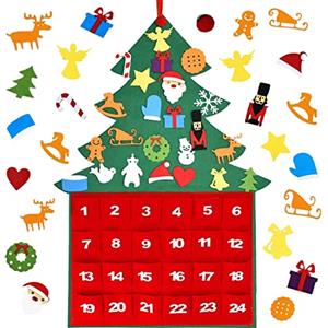 Bestwishing Calendario Dell'Avvento Natale, Albero di Natale in Feltro per Bambini, Calendario Avvento da Riempire, Albero di Natale Feltro Calendario dell'avvento con 24 Ornamenti per Decorazioni Natale