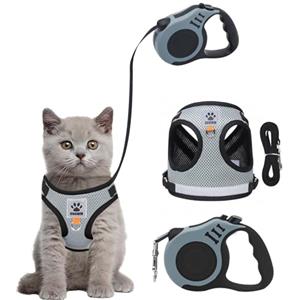 Bindokun Pettorina Gatto, Guinzaglio per Gatti Allungabile, Antifuga Pettorina per Gatti Piccola con Rivestimento Riflettente Guinzaglio per Cuccioli Passeggiate all'aperto in Maglia Traspirante (Grigio, M)