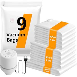 LOVPIS Sacchi Sottovuoto Vestiti con Pompa Elettrica, 9 Pezzi di Buste Sottovuoto Vestiti Riutilizzabili (4 * 40x40cm / 4 * 40x50cm / 1 * 40x60cm), Sacchetti Sottovuoto Piumoni per Maglioni, Camicia, Viaggi