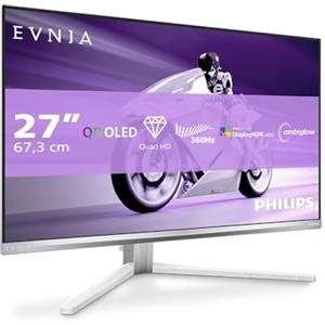 Philips Evnia 27M2N8500 - Monitor da gioco OLED QHD da 27 pollici, 360 Hz, 0,03 ms, HDR400, Ambiglow, FreeSync. Prem., comp. G-Sync. (2560x1440, 2X HDMI 2.1, 1x DP 1.4, Hub USB) Bianco