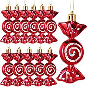 Threan 12 ornamenti natalizi da appendere, a forma di bastoncino di zucchero, glitterati, per albero di Natale, caramelle e menta piperita, con corde dorate, decorazioni per feste di Halloween (rosso)