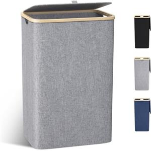 capocica Cesto Portabiancheria Sporca Grande -100L Cesto Biancheria Sporca per Bagno in Bambú con Coperchio, Cesta Panni Sporchi con Manici per Bagno, Lavanderia, Camera da Letto per Salvaspazio-Grigio