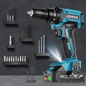 LEEIKOO Trapano Avvitatore Batteria 21V, LEEIKOO Avvitatore Elettrico con Batteria da 2.0Ah, 42N.m di Coppia, 2 Velocità, 18+1 Coppia, 20 Accessori, Luce a LED, Per il fai da te, in Casa e Giardino