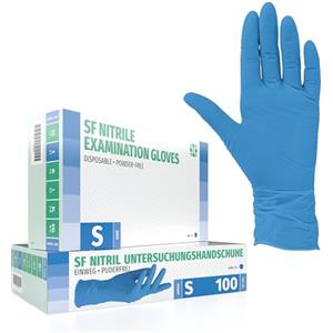 SF Medical Products GmbH Guanti in Nitrile, 100 pezzi scatole (S, blu), guanti da visita monouso, senza polvere, guanti per la pulizia, cucina sanitaria, pulizia della cucina, senza lattice, pulizia sicurezza manipolazione de