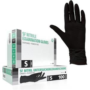 SF Medical Products GmbH Guanti in Nitrile, 100 pezzi scatole (S, Nero), guanti da visita monouso, senza polvere, guanti per la pulizia, cucina sanitaria, pulizia della cucina, senza lattice, pulizia sicurezza manipolazione d