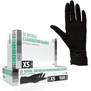 SF Medical Products GmbH Guanti in Nitrile, 100 pezzi scatole (XS, Nero), guanti da visita monouso, senza polvere, guanti per la pulizia, cucina sanitaria, pulizia della cucina, senza lattice, pulizia sicurezza manipolazione