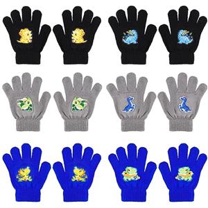 QKURT 6 Paia Guanti Magici per Bambini, Guanti Invernali Lavorati a Maglia Unisex Caldi Guanti per Bambini Elastici con Dita Intere Guanti per Compleanno Natalizi con Motivo Dinosauri per 5-12 Anni