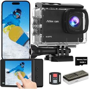 TIMNUT Touchscreen 4K60FPS Action Cam, 40M Fotocamera Subacquea con scheda SD da 64G, 48MP HD WiFi Videocamera con EIS, Zoom 8X, Telecamera Sportiva con 2 batterie da 1350 mAh, Telecomando 2.4G