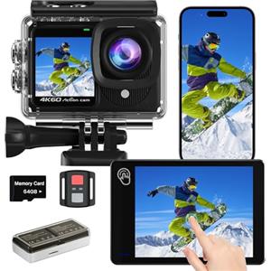 TIMNUT Dualscreen 4K60FPS Action Cam con scheda 64G, Fotocamera Subacquea 40M,48MP Touchscreen WiFi Videocamera con EIS, zoom 8X, impermeabile Telecamera Sportiva con 2 batterie da 1350 mAh
