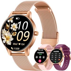 TAOLOON Smartwatch Donna Orologio Chiamate Bluetooth: 1,27" Tondo Touch Orologi Smart Watch da Impermeabile Sport Fitness Contapassi Cardiofrequenzimetro Pressione Caloriec Oro Polso per Android iOS Telefono