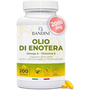 Bandini® Olio di Enotera 2000mg, Antiossidante per Pelle, Capelli e Unghie, 200 Softgels, Utile per Equilibrio Ormonale, Menopausa, Contrasta i Disturbi del Ciclo Mestruale, Integratore Donne, No OGM