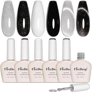 Firedeep Set Smalto Gel Effetto Occhio di Gatto 10ml Senza HEMA, 6 Colori Nero Bianco Grigio Argento con Effetto Magnete Glitter Serie Galaxy, Soak-off UV/LED per Salon & DIY